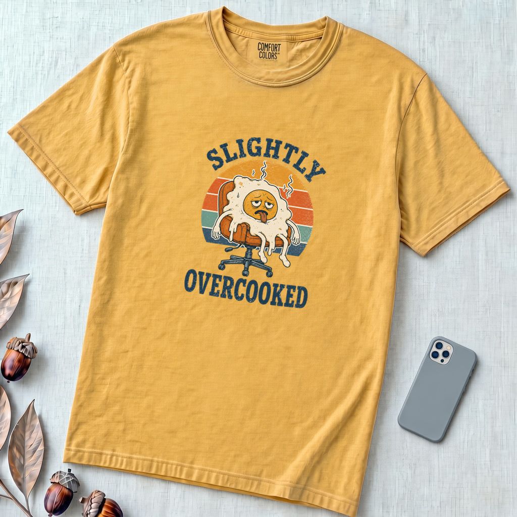 Funny Fried Egg Burnout T-Shirt, Slightly Overcooked Tee - Mustard unfolded t-shirt mockup