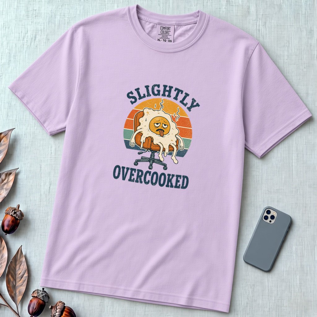 Funny Fried Egg Burnout T-Shirt, Slightly Overcooked Tee - Orchid unfolded t-shirt mockup