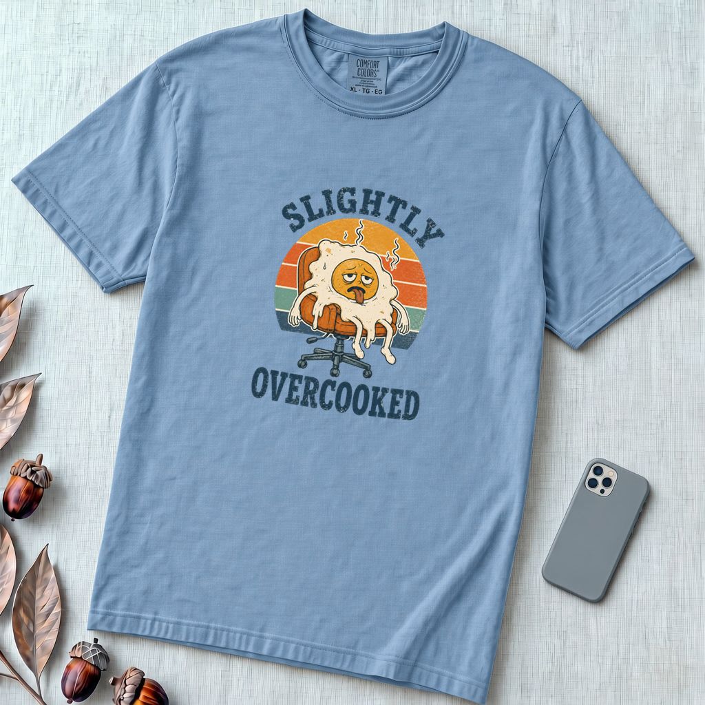 Funny Fried Egg Burnout T-Shirt, Slightly Overcooked Tee - Washed Denim unfolded t-shirt mockup