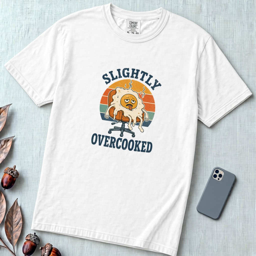 Funny Fried Egg Burnout T-Shirt, Slightly Overcooked Tee - White unfolded t-shirt mockup