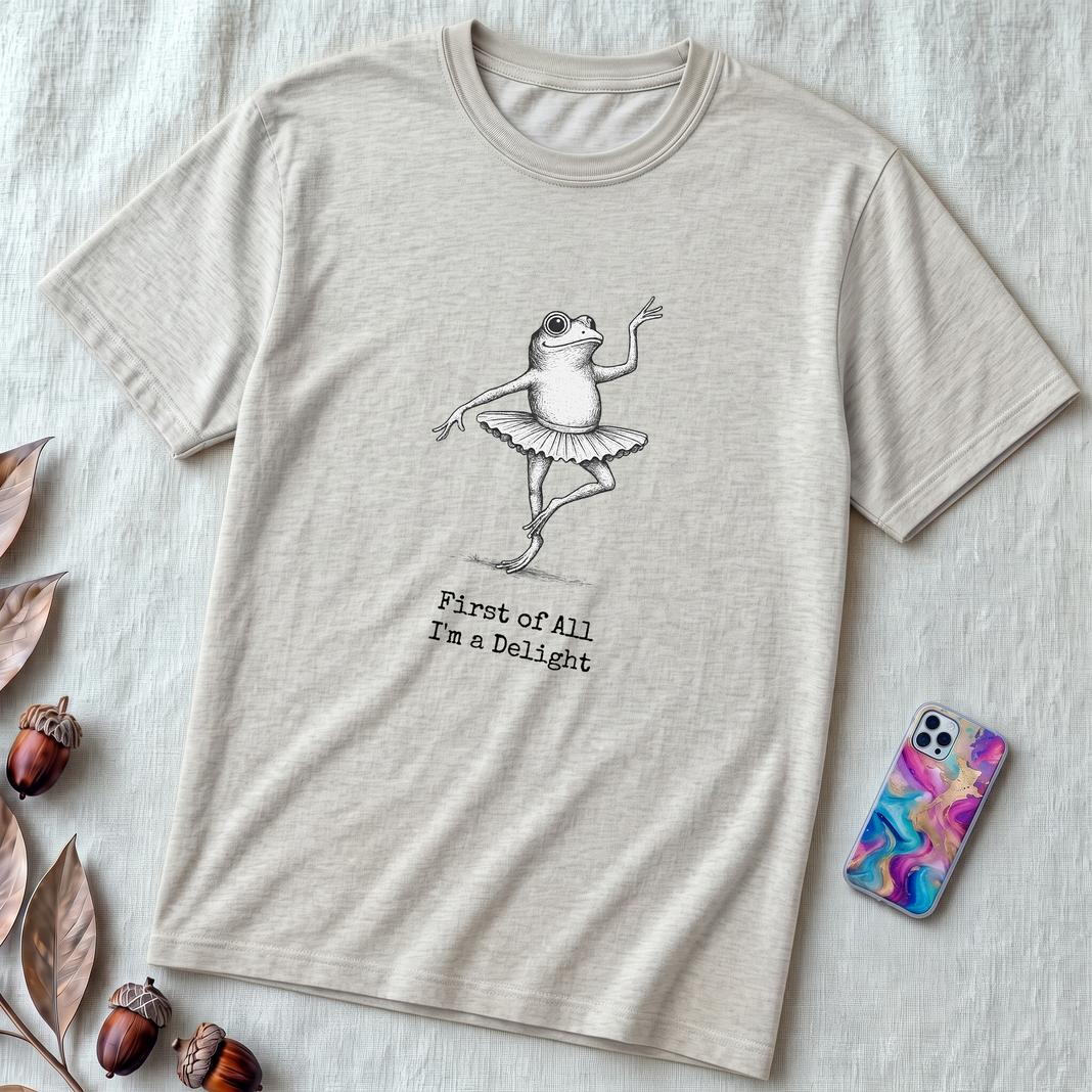 Funny Frog Ballerina T-Shirt: “First of All I’m a Delight”, frog tee gift for ballet lovers - Ash unfolded t-shirt mockup