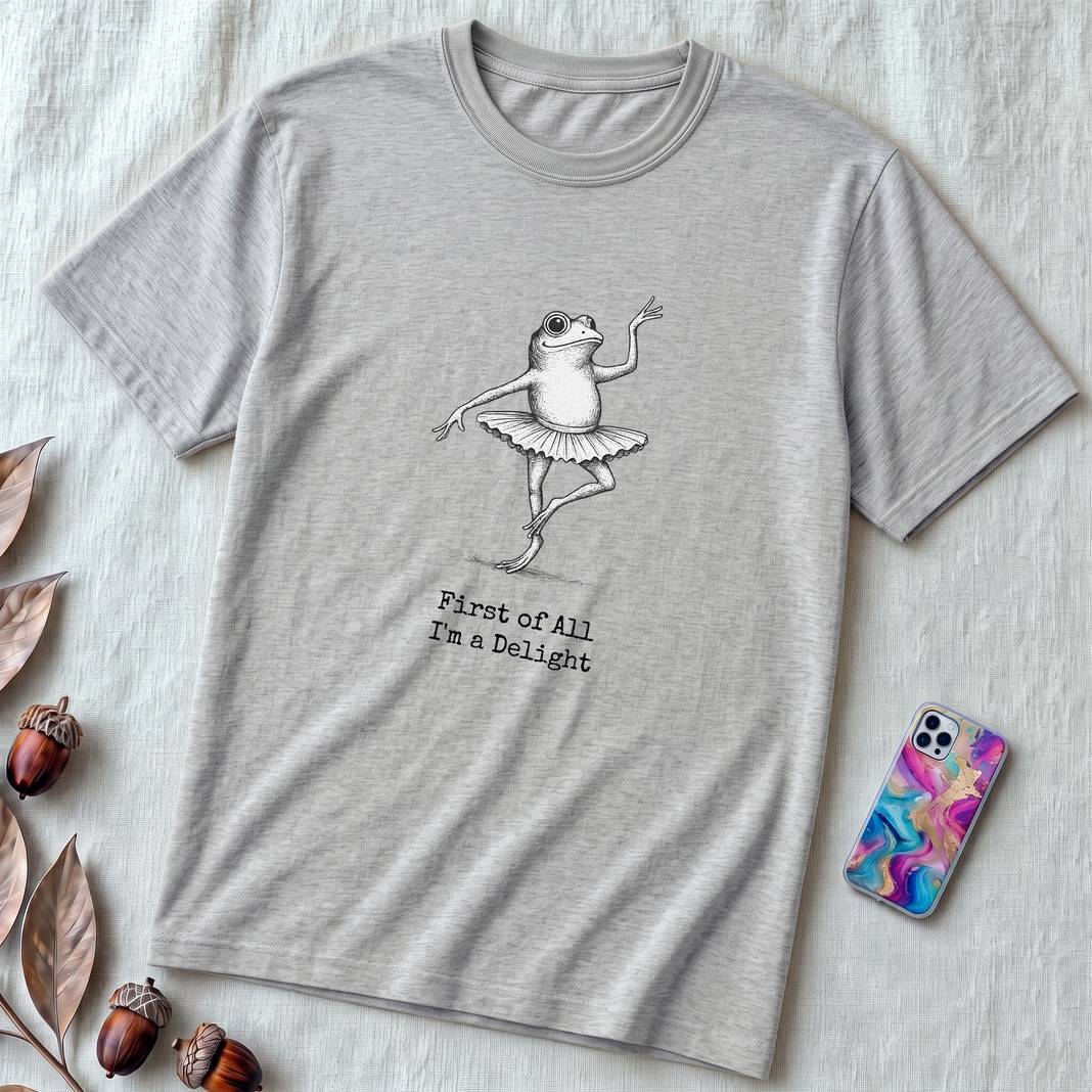 Funny Frog Ballerina T-Shirt: “First of All I’m a Delight”, frog tee gift for ballet lovers - Athletic Heather unfolded t-shirt mockup