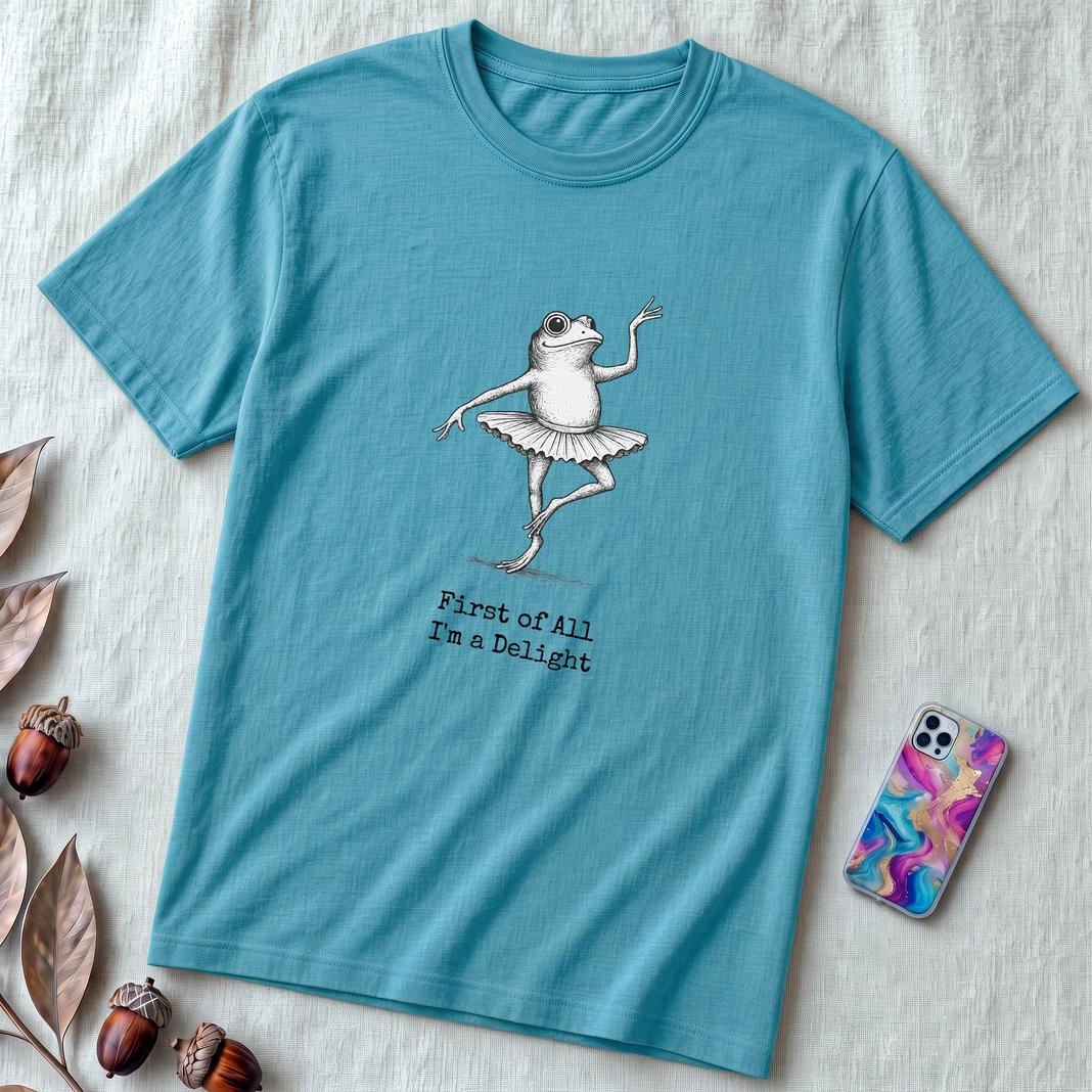 Funny Frog Ballerina T-Shirt: “First of All I’m a Delight”, frog tee gift for ballet lovers - Heather Aqua unfolded t-shirt mockup
