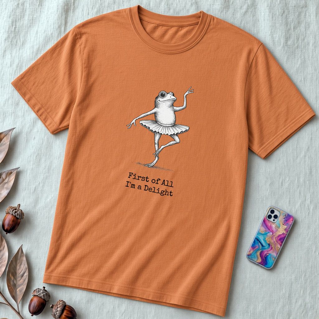 Funny Frog Ballerina T-Shirt: “First of All I’m a Delight”, frog tee gift for ballet lovers - Heather Autumn unfolded t-shirt mockup