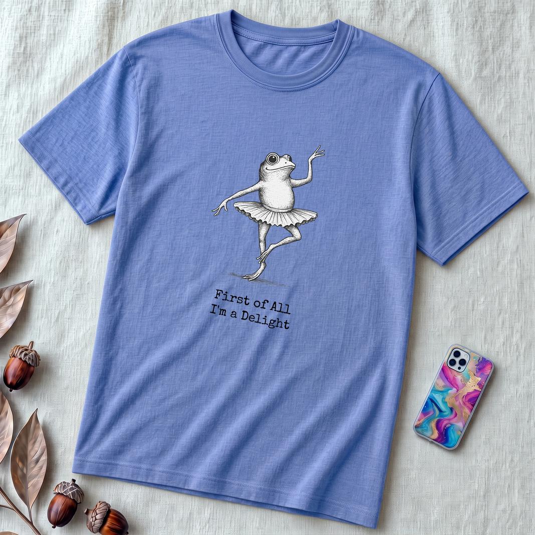 Funny Frog Ballerina T-Shirt: “First of All I’m a Delight”, frog tee gift for ballet lovers - Heather Columbia Blue unfolded t-shirt mockup