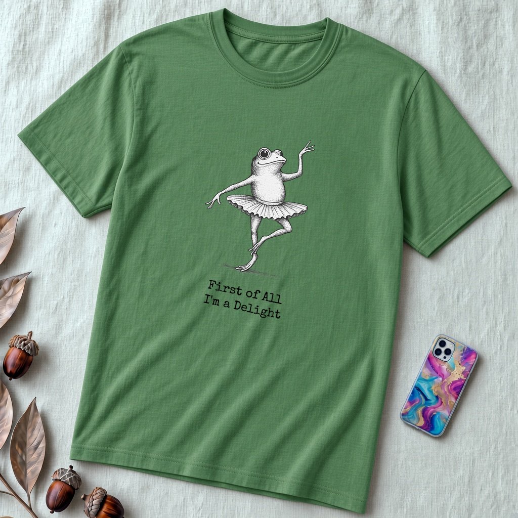 Funny Frog Ballerina T-Shirt: “First of All I’m a Delight”, frog tee gift for ballet lovers - Heather Grass Green unfolded t-shirt mockup