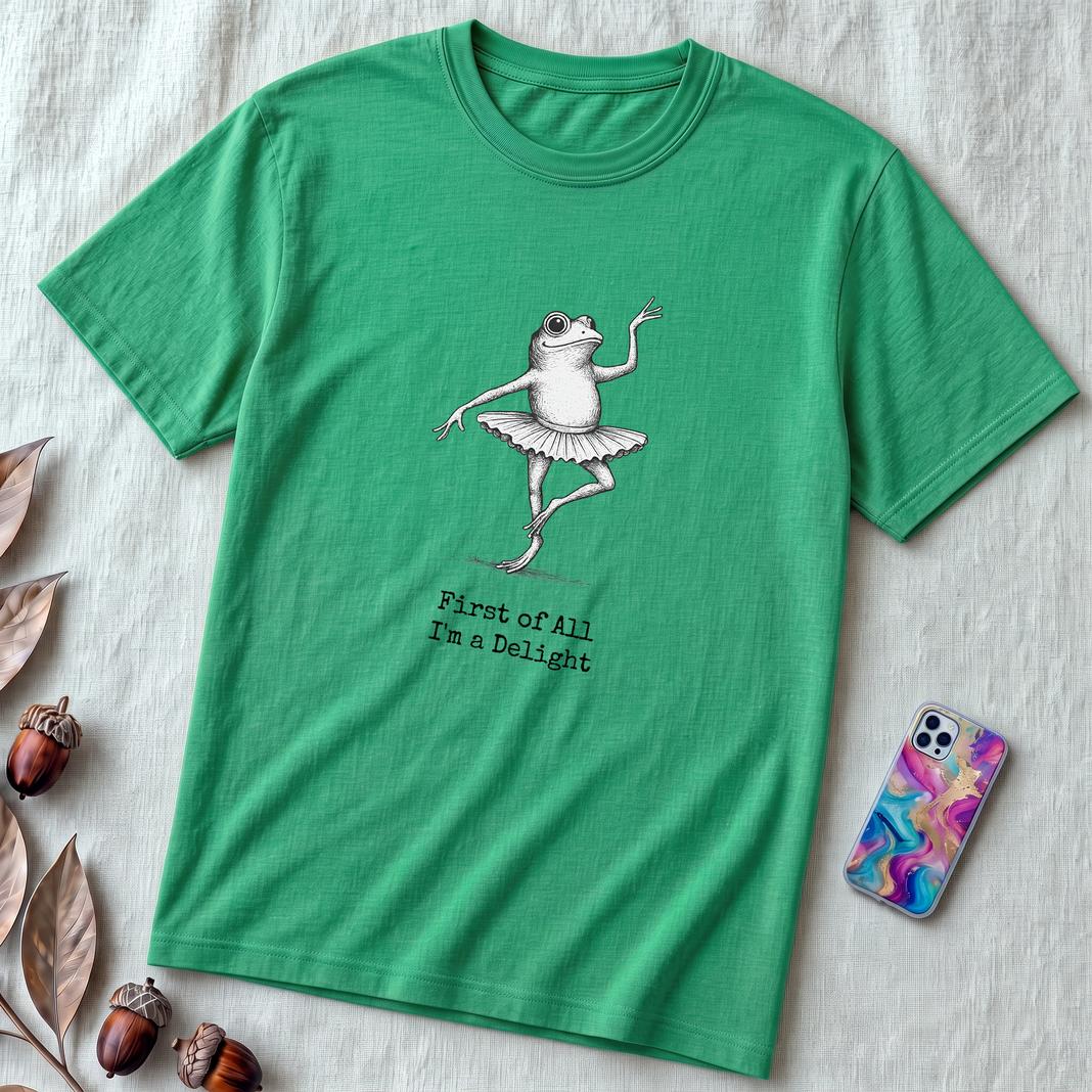 Funny Frog Ballerina T-Shirt: “First of All I’m a Delight”, frog tee gift for ballet lovers - Heather Kelly unfolded t-shirt mockup