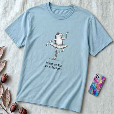 Funny Frog Ballerina T-Shirt: “First of All I’m a Delight”, frog tee gift for ballet lovers - Ocean Blue unfolded t-shirt mockup