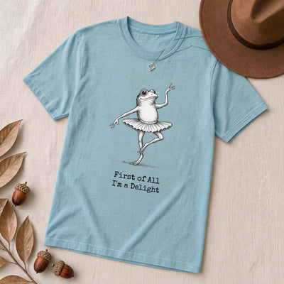 Funny Frog Ballerina T-Shirt: “First of All I’m a Delight”, frog tee gift for ballet lovers - Ocean Blue unfolded t-shirt mockup