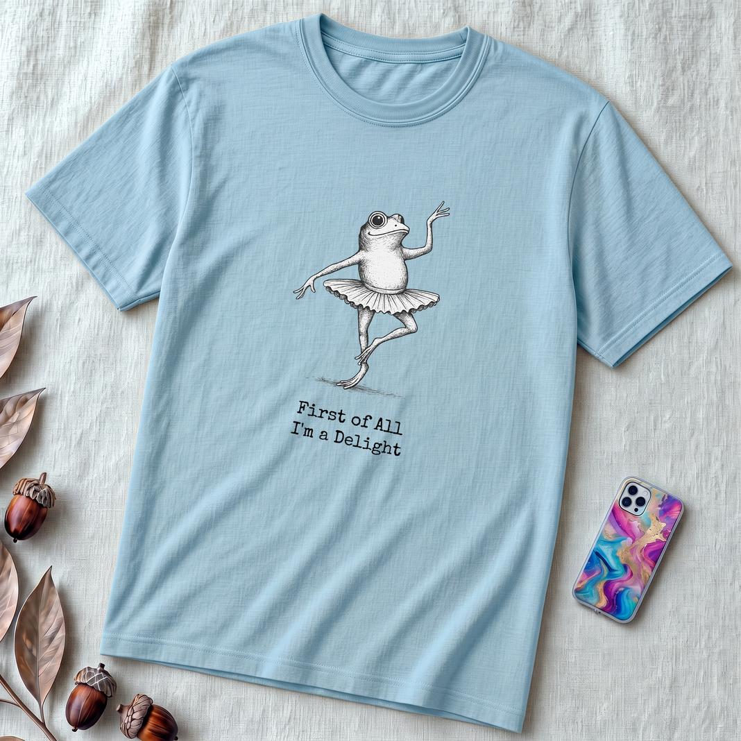 Funny Frog Ballerina T-Shirt: “First of All I’m a Delight”, frog tee gift for ballet lovers - Ocean Blue unfolded t-shirt mockup