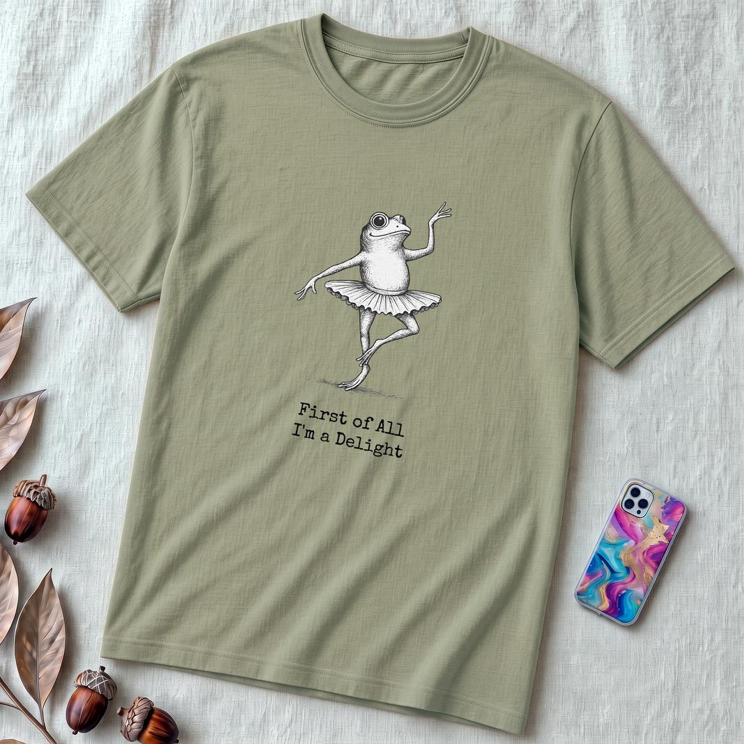 Funny Frog Ballerina T-Shirt: “First of All I’m a Delight”, frog tee gift for ballet lovers - Sage unfolded t-shirt mockup