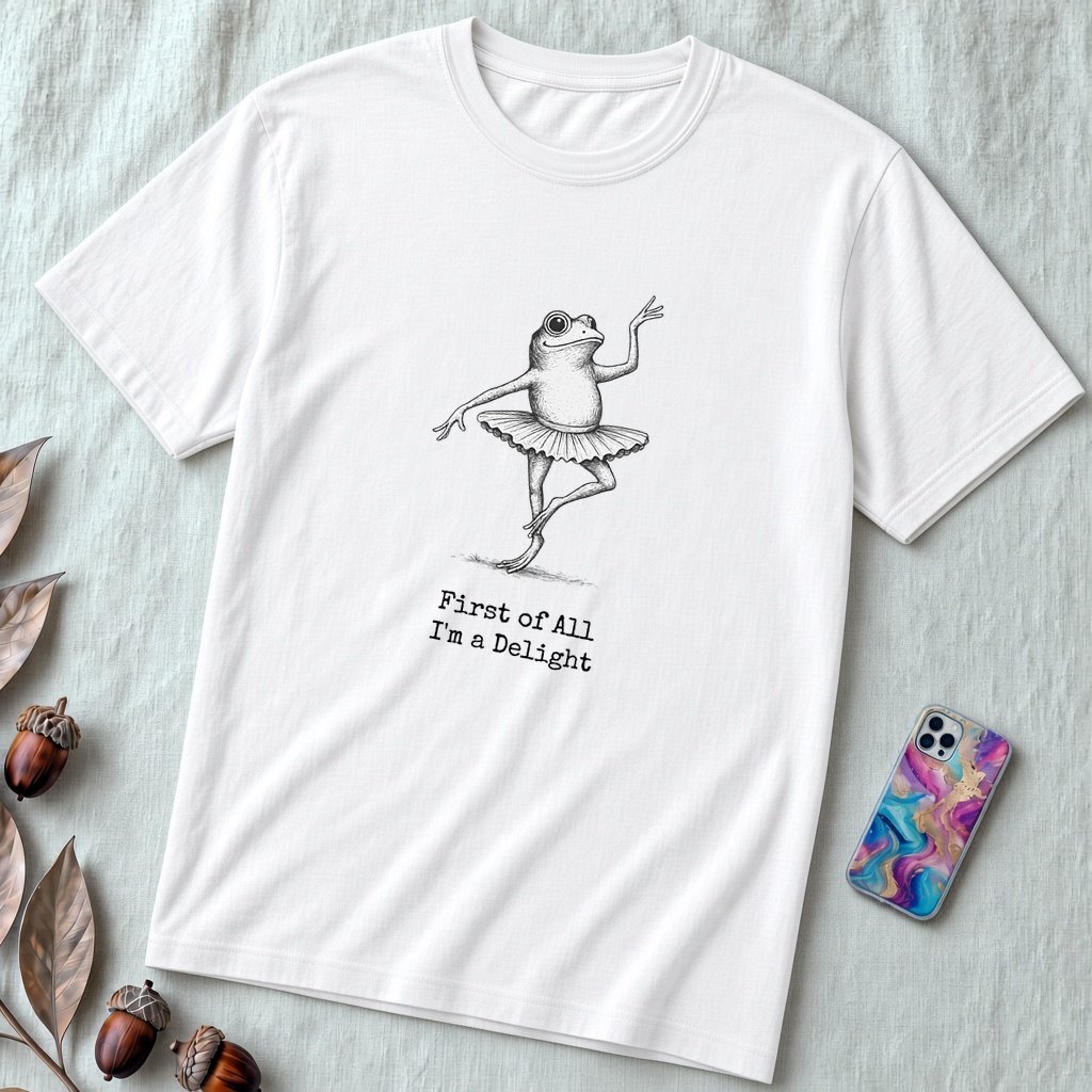 Funny Frog Ballerina T-Shirt: “First of All I’m a Delight”, frog tee gift for ballet lovers - Solid White Blend unfolded t-shirt mockup