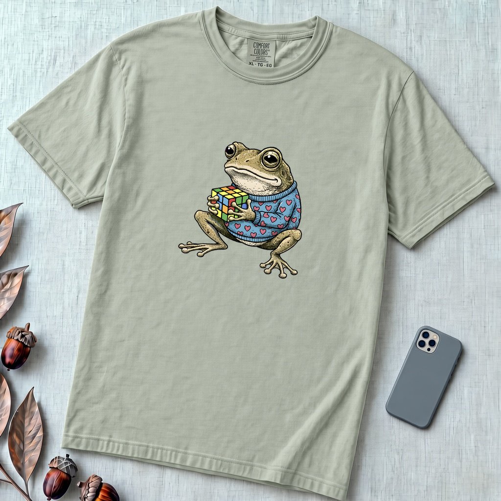 Funny Frog Rubik’s Cube T-Shirt, Retro Toad in Heart Sweater - Bay unfolded t-shirt mockup
