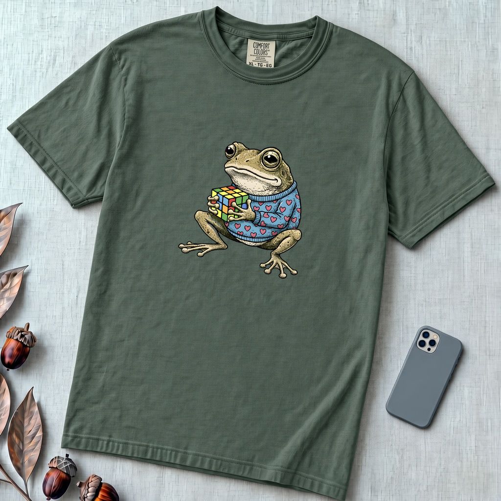 Funny Frog Rubik’s Cube T-Shirt, Retro Toad in Heart Sweater - Blue Spruce unfolded t-shirt mockup
