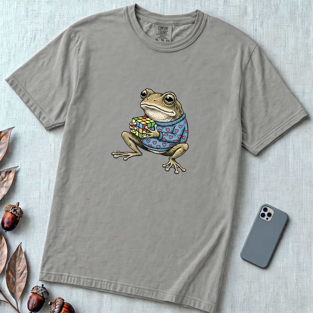 Funny Frog Rubik’s Cube T-Shirt, Retro Toad in Heart Sweater - Grey unfolded t-shirt mockup