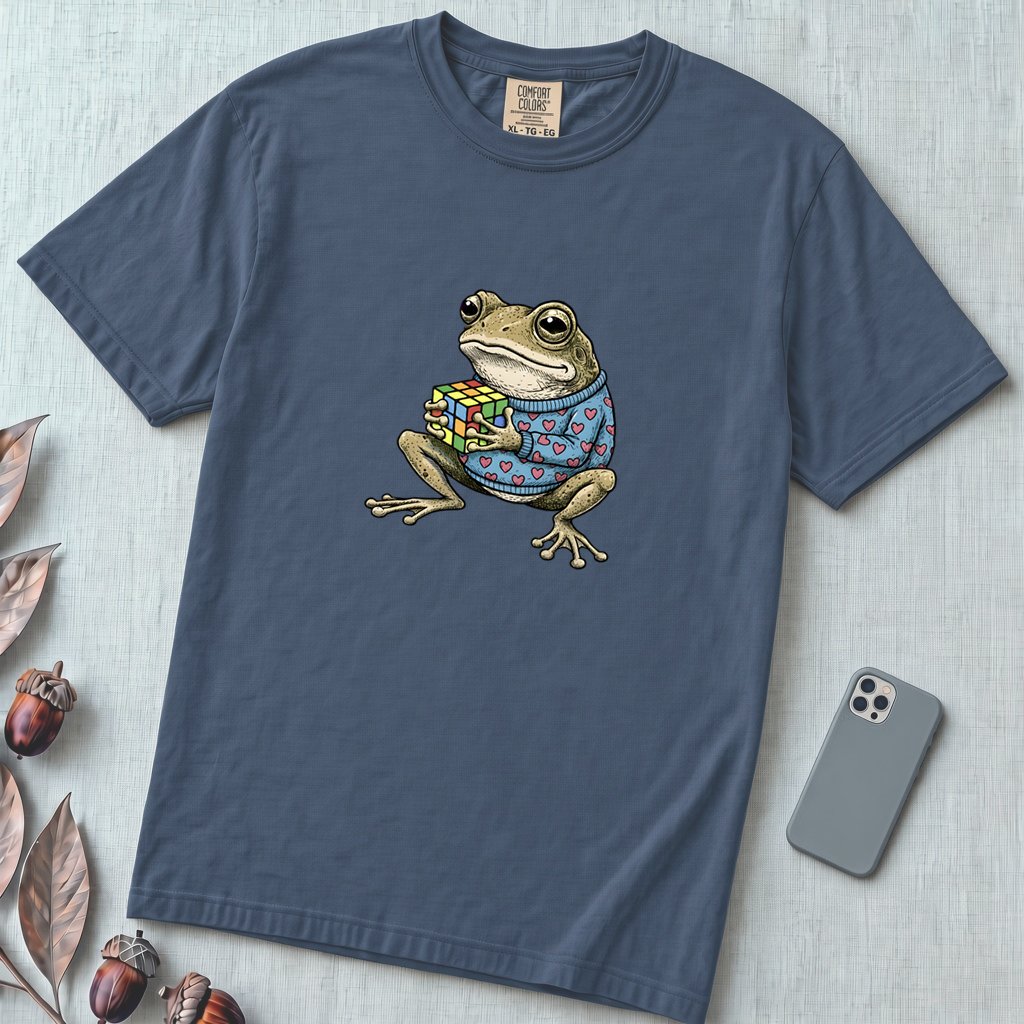 Funny Frog Rubik’s Cube T-Shirt, Retro Toad in Heart Sweater - Midnight unfolded t-shirt mockup
