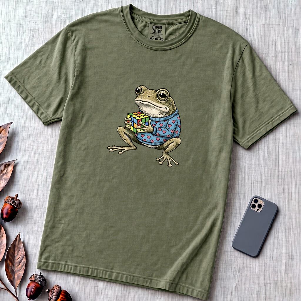 Funny Frog Rubik’s Cube T-Shirt, Retro Toad in Heart Sweater - Sage unfolded t-shirt mockup