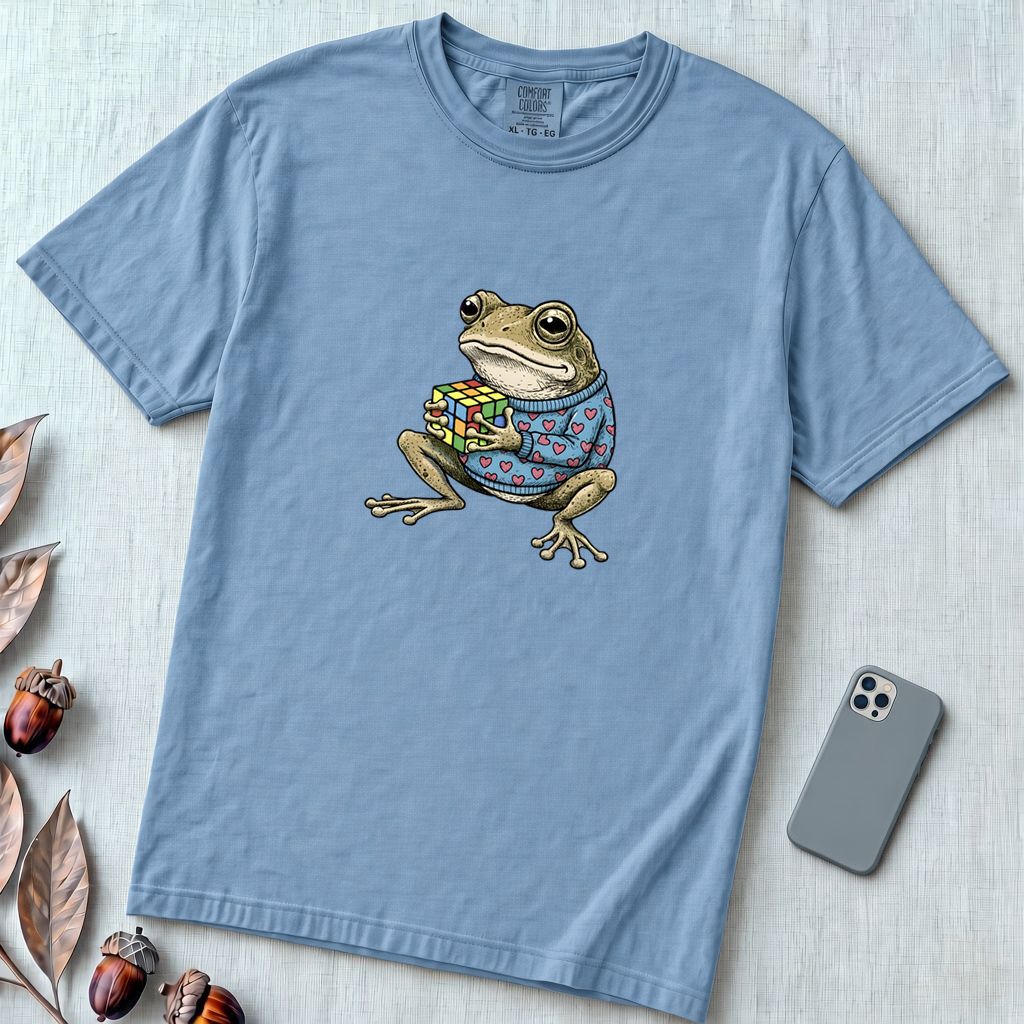 Funny Frog Rubik’s Cube T-Shirt, Retro Toad in Heart Sweater - Washed Denim unfolded t-shirt mockup