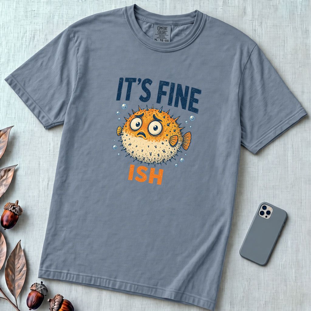 Funny Pufferfish T-Shirt | It’s Fine-ish Burnout Tee - Blue Jean unfolded t-shirt mockup
