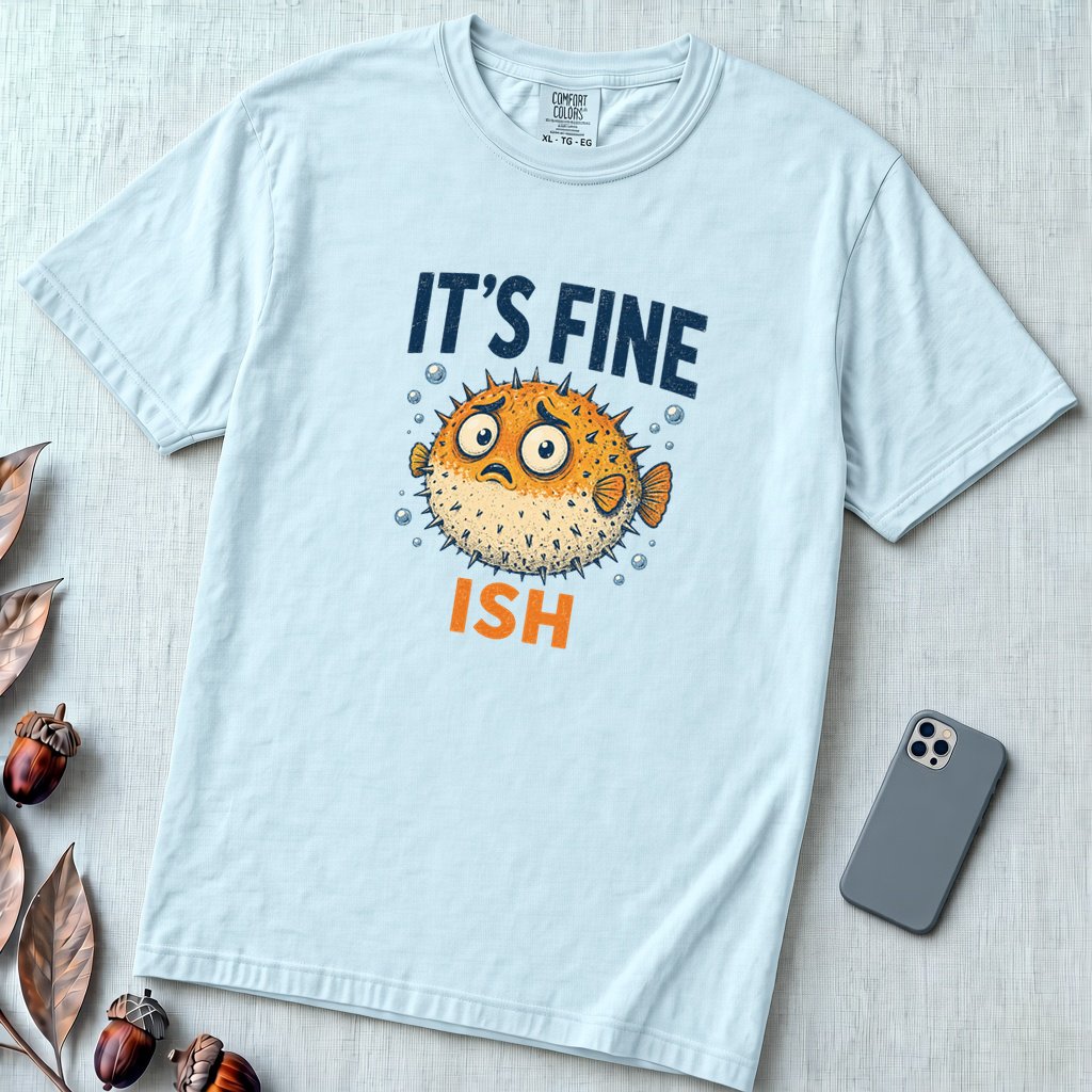 Funny Pufferfish T-Shirt | It’s Fine-ish Burnout Tee - Chambray unfolded t-shirt mockup