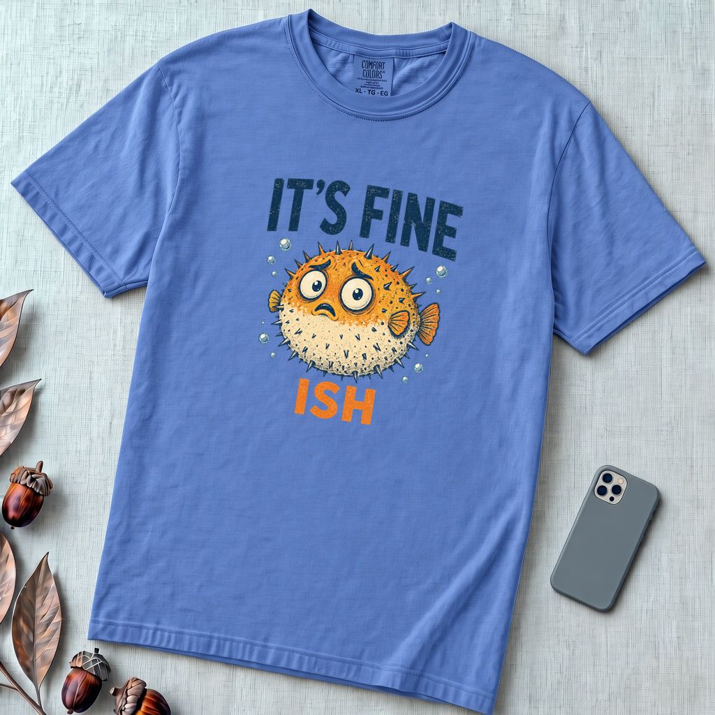 Funny Pufferfish T-Shirt | It’s Fine-ish Burnout Tee - Mystic Blue unfolded t-shirt mockup