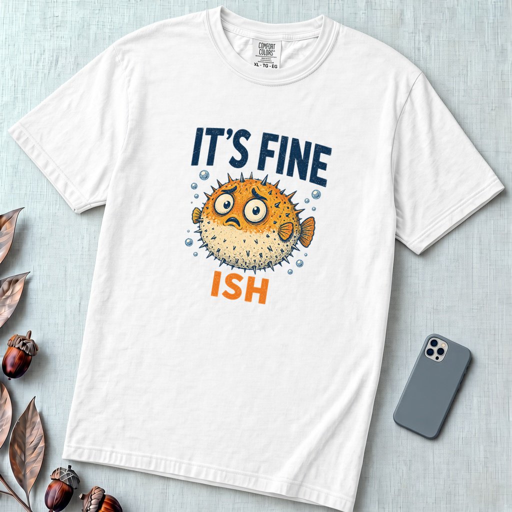 Funny Pufferfish T-Shirt | It’s Fine-ish Burnout Tee - White unfolded t-shirt mockup