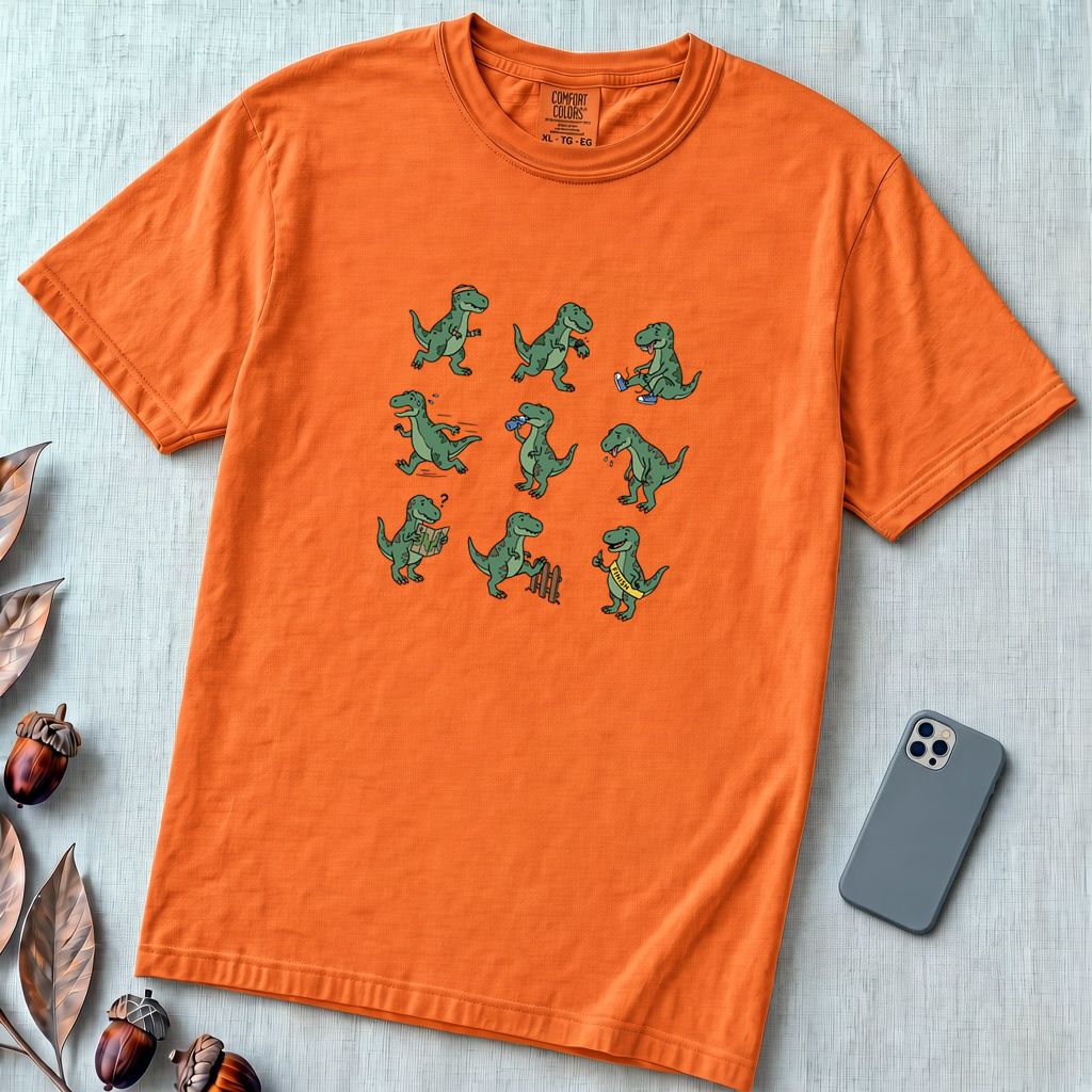 Funny Running Dinosaur T-Shirt - T Rex Dino Run - Burnt Orange unfolded t-shirt mockup