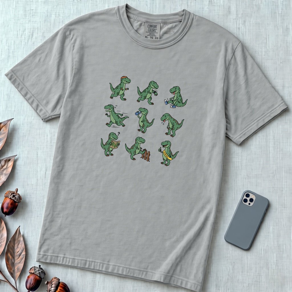 Funny Running Dinosaur T-Shirt - T Rex Dino Run - Granite unfolded t-shirt mockup