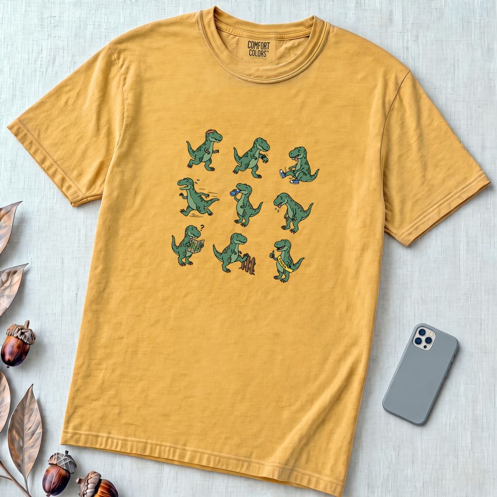 Funny Running Dinosaur T-Shirt - T Rex Dino Run - Mustard unfolded t-shirt mockup