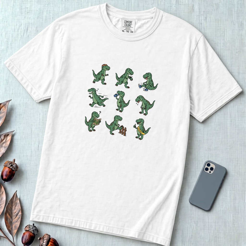 Funny Running Dinosaur T-Shirt - T Rex Dino Run - White unfolded t-shirt mockup