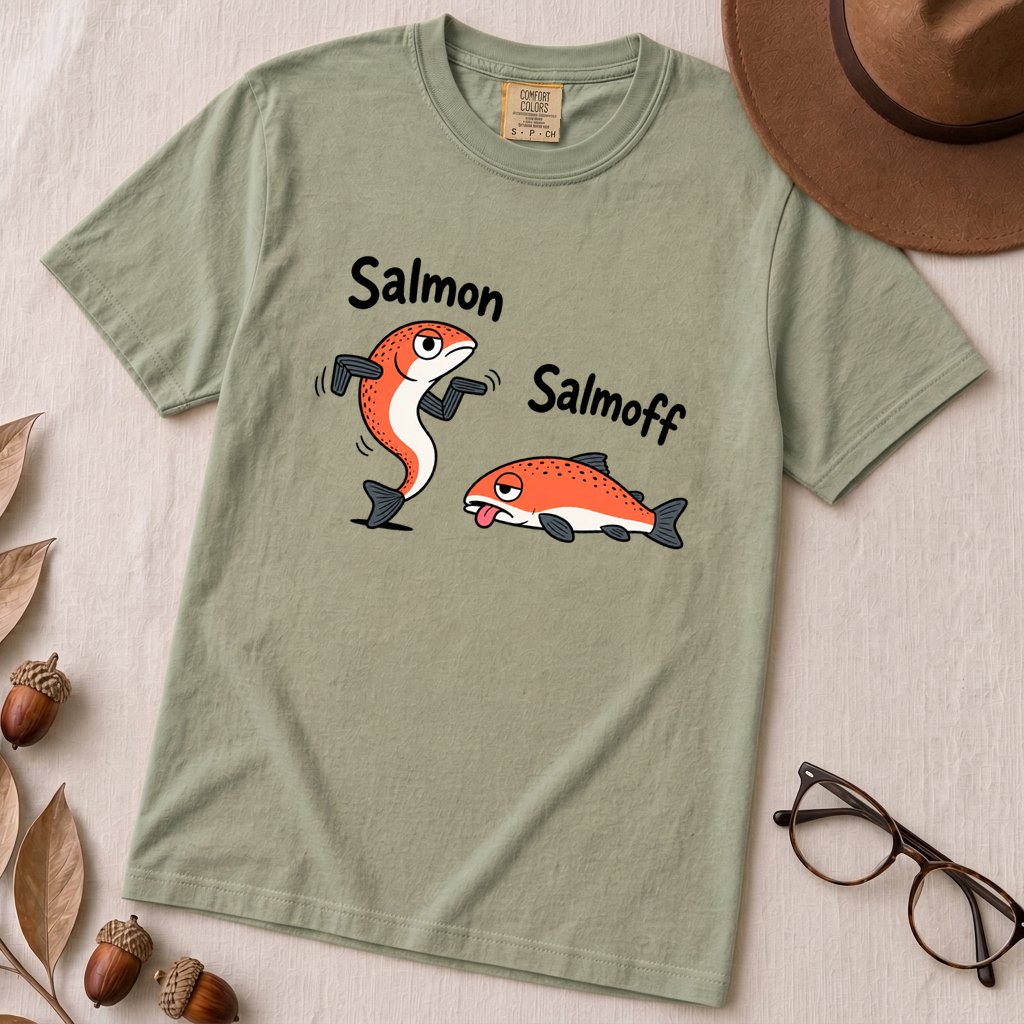 Funny Salmon-Salmoff Pun T-Shirt, Exhausted Fish Humor - Bay unfolded t-shirt mockup