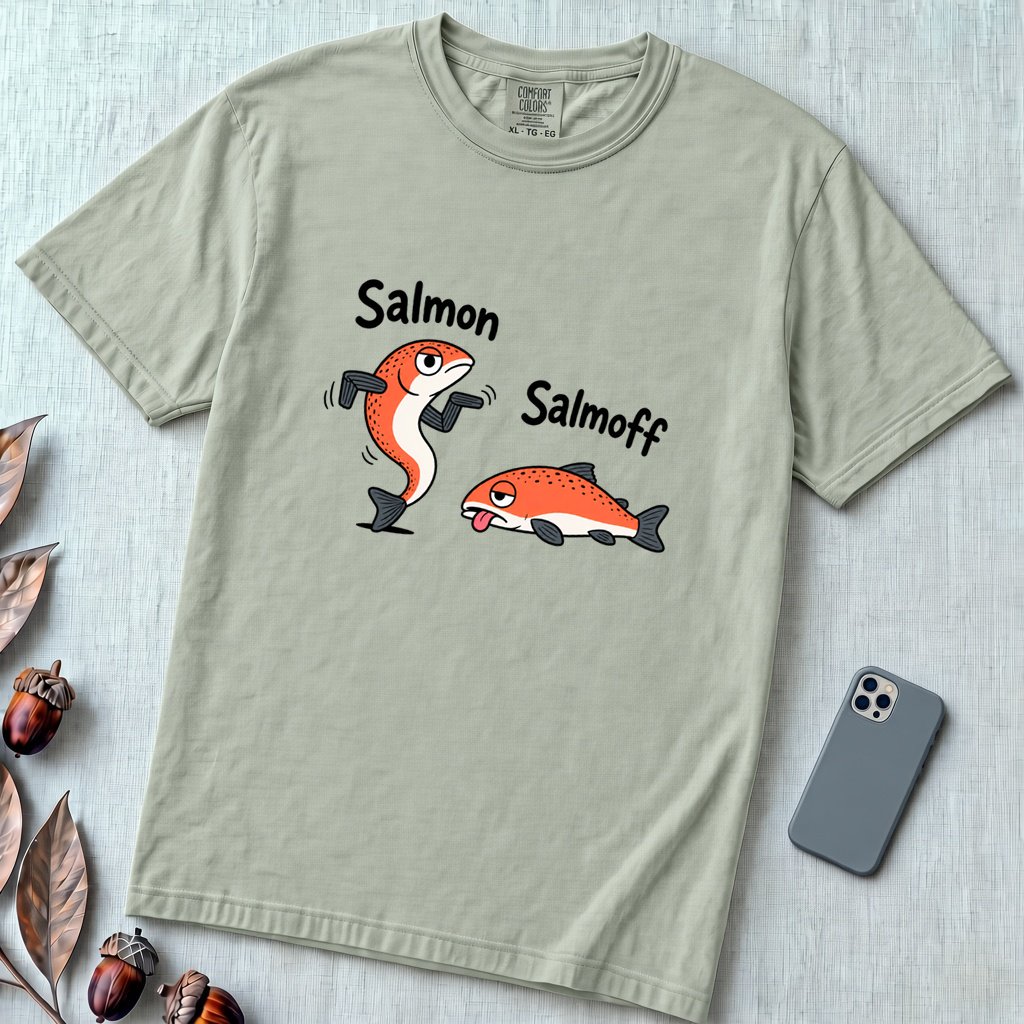 Funny Salmon-Salmoff Pun T-Shirt, Exhausted Fish Humor - Bay unfolded t-shirt mockup