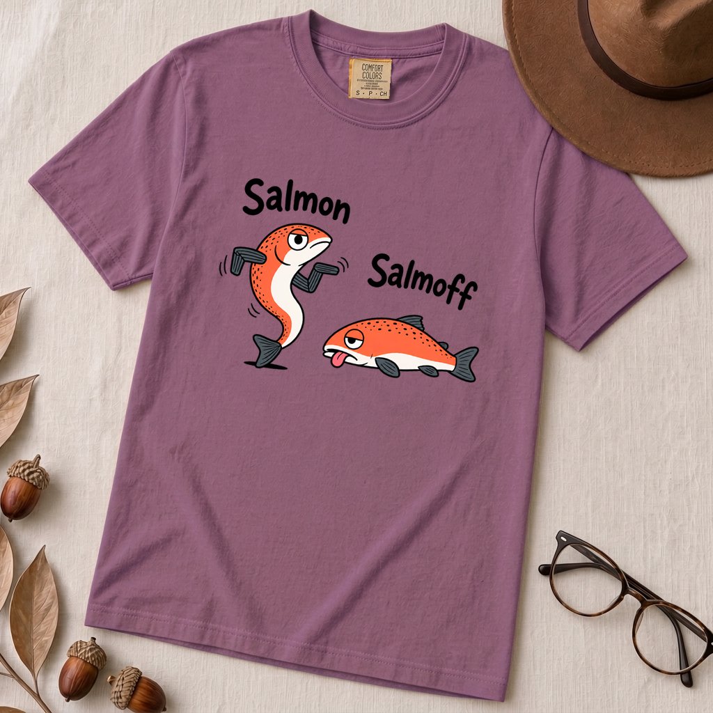 Funny Salmon-Salmoff Pun T-Shirt, Exhausted Fish Humor - Berry unfolded t-shirt mockup
