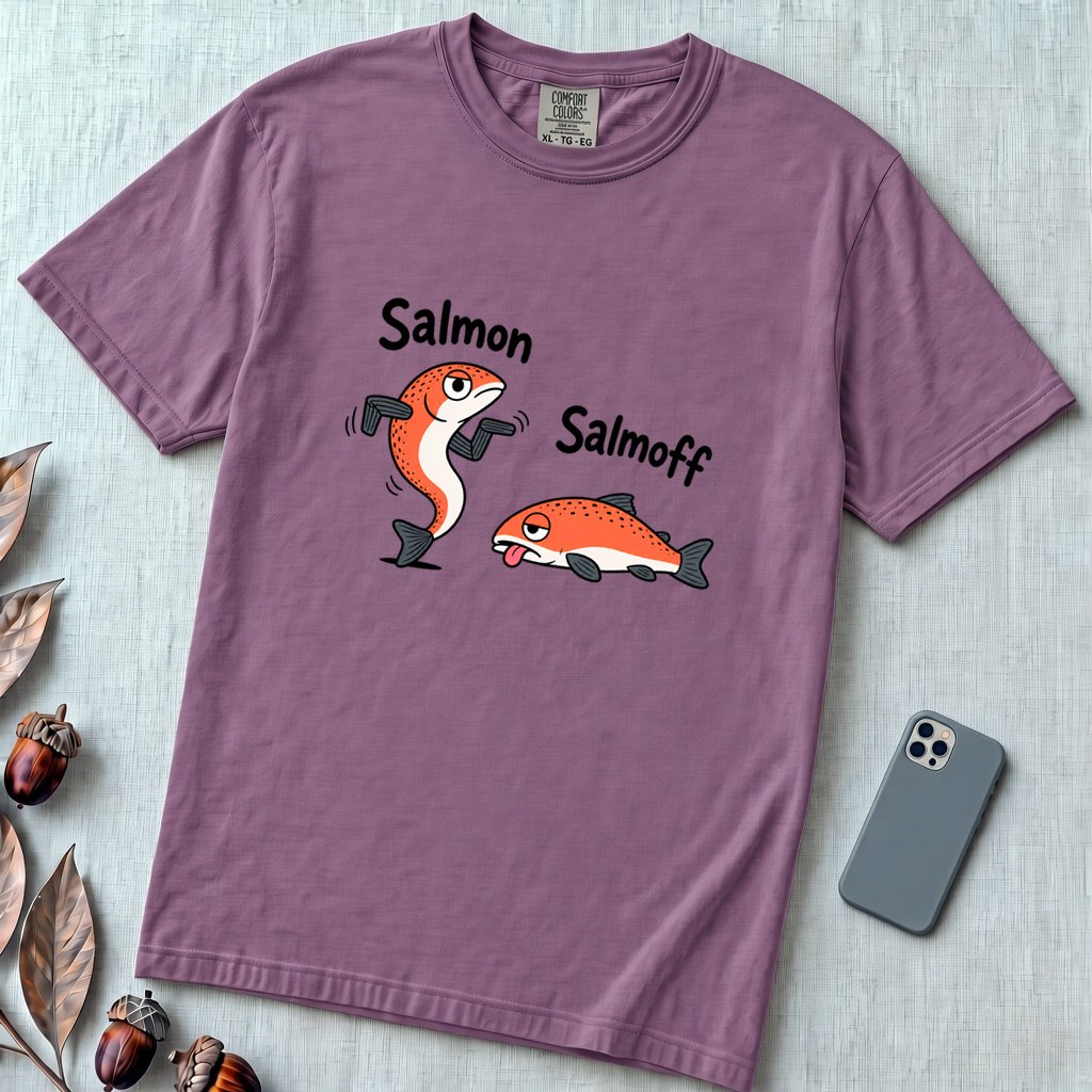 Funny Salmon-Salmoff Pun T-Shirt, Exhausted Fish Humor - Berry unfolded t-shirt mockup