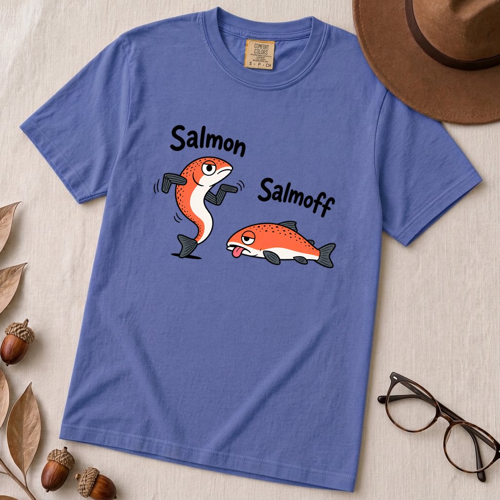 Funny Salmon-Salmoff Pun T-Shirt, Exhausted Fish Humor - Flo Blue unfolded t-shirt mockup