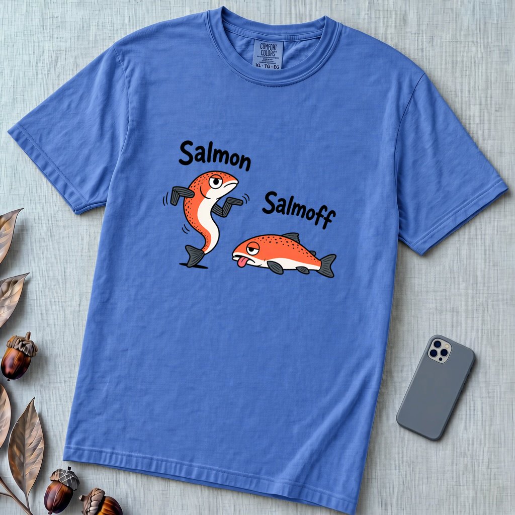Funny Salmon-Salmoff Pun T-Shirt, Exhausted Fish Humor - Flo Blue unfolded t-shirt mockup