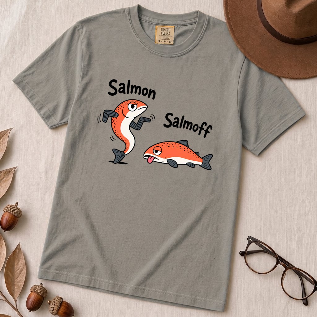 Funny Salmon-Salmoff Pun T-Shirt, Exhausted Fish Humor - Grey unfolded t-shirt mockup