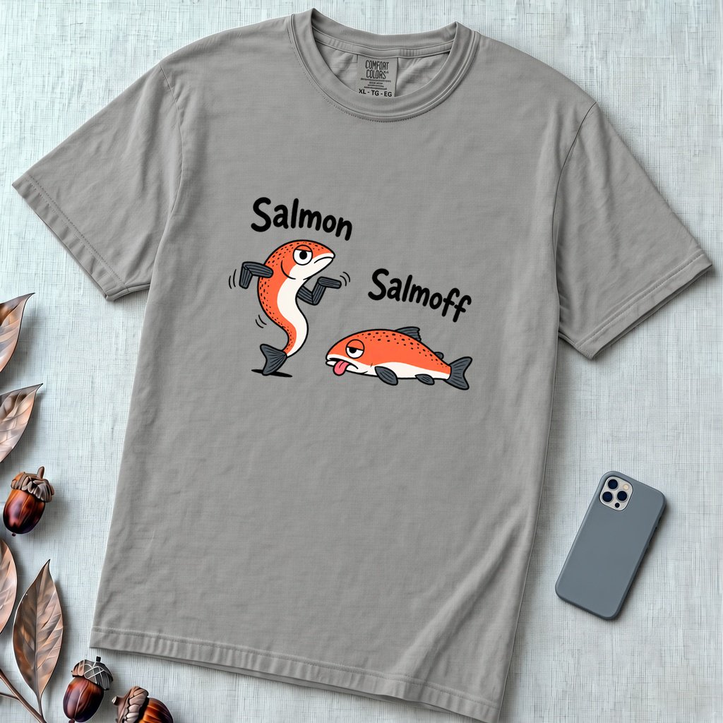 Funny Salmon-Salmoff Pun T-Shirt, Exhausted Fish Humor - Grey unfolded t-shirt mockup