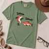 Funny Salmon-Salmoff Pun T-Shirt, Exhausted Fish Humor - Light Green unfolded t-shirt mockup