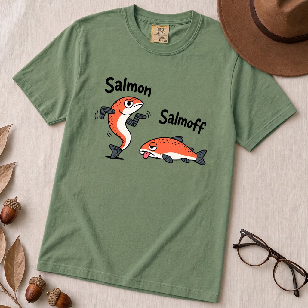 Funny Salmon-Salmoff Pun T-Shirt, Exhausted Fish Humor - Light Green unfolded t-shirt mockup