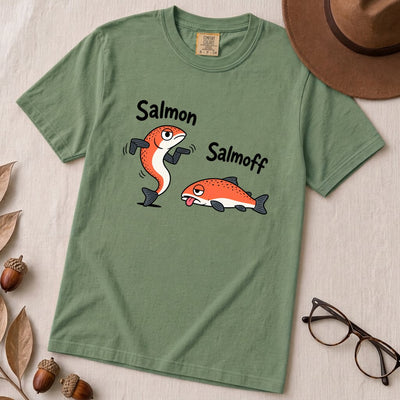 Funny Salmon-Salmoff Pun T-Shirt, Exhausted Fish Humor - Light Green unfolded t-shirt mockup