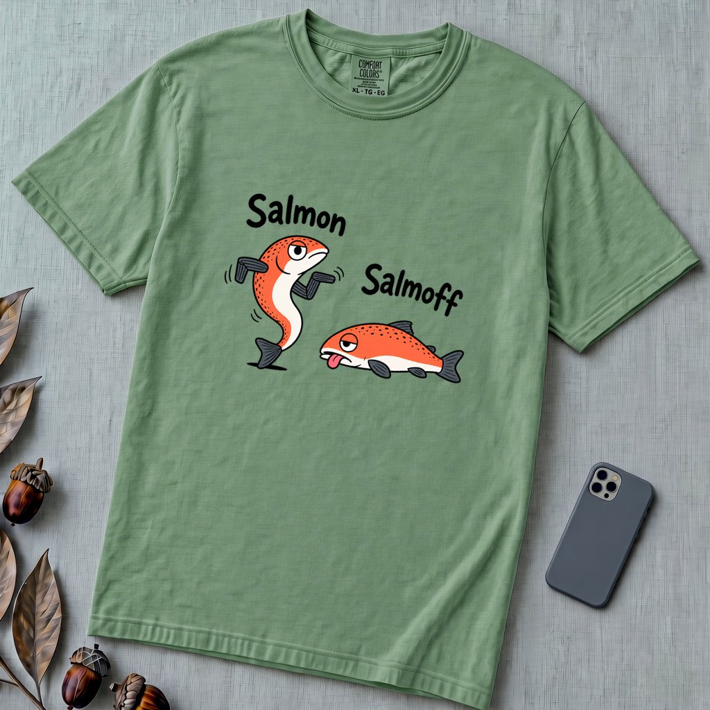 Funny Salmon-Salmoff Pun T-Shirt, Exhausted Fish Humor - Light Green unfolded t-shirt mockup