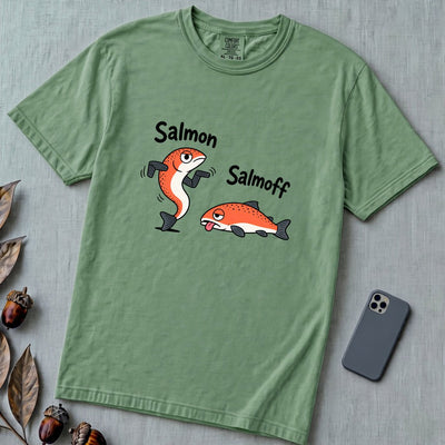 Funny Salmon-Salmoff Pun T-Shirt, Exhausted Fish Humor - Light Green unfolded t-shirt mockup