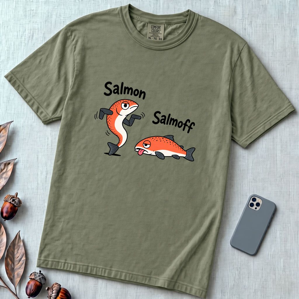 Funny Salmon-Salmoff Pun T-Shirt, Exhausted Fish Humor - Moss unfolded t-shirt mockup