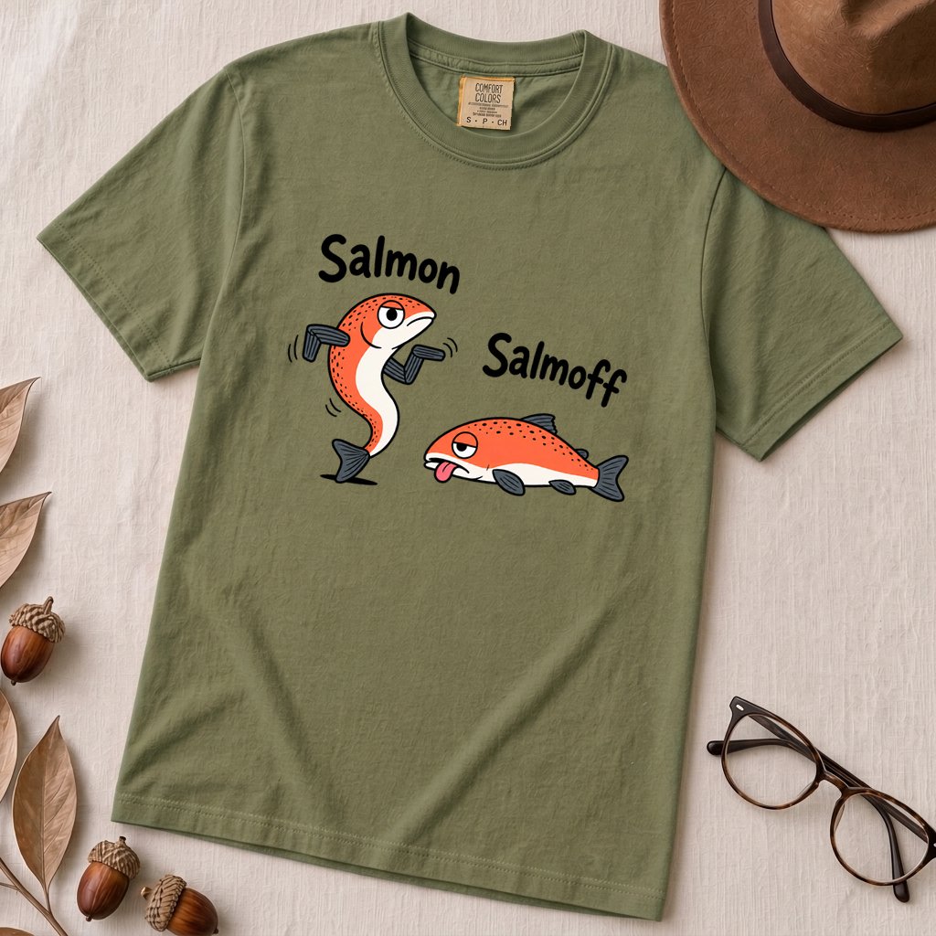 Funny Salmon-Salmoff Pun T-Shirt, Exhausted Fish Humor - Moss unfolded t-shirt mockup