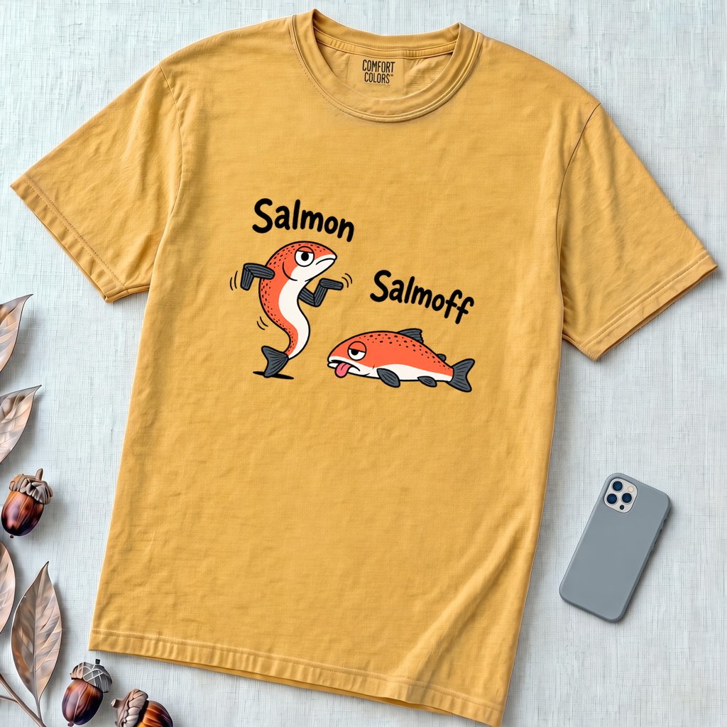 Funny Salmon-Salmoff Pun T-Shirt, Exhausted Fish Humor - Mustard unfolded t-shirt mockup