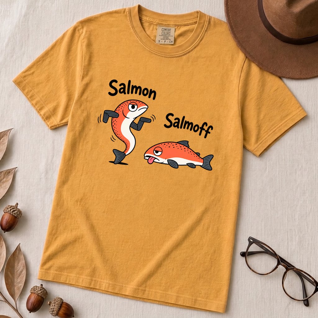 Funny Salmon-Salmoff Pun T-Shirt, Exhausted Fish Humor - Mustard unfolded t-shirt mockup