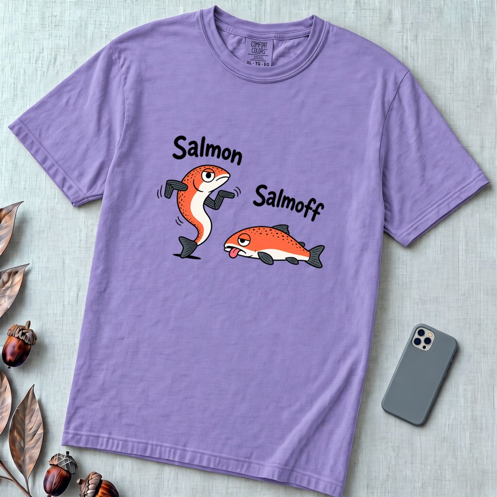 Funny Salmon-Salmoff Pun T-Shirt, Exhausted Fish Humor - Violet unfolded t-shirt mockup