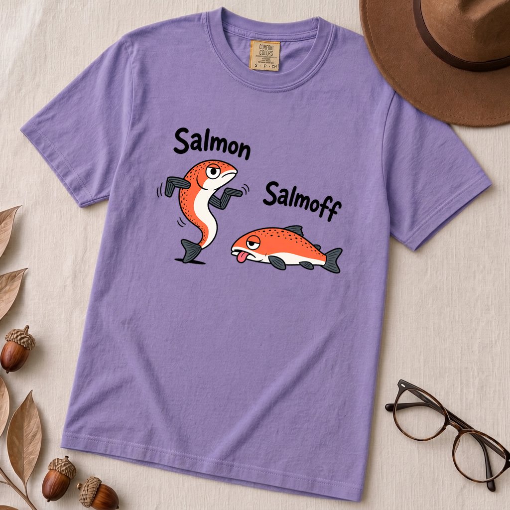 Funny Salmon-Salmoff Pun T-Shirt, Exhausted Fish Humor - Violet unfolded t-shirt mockup