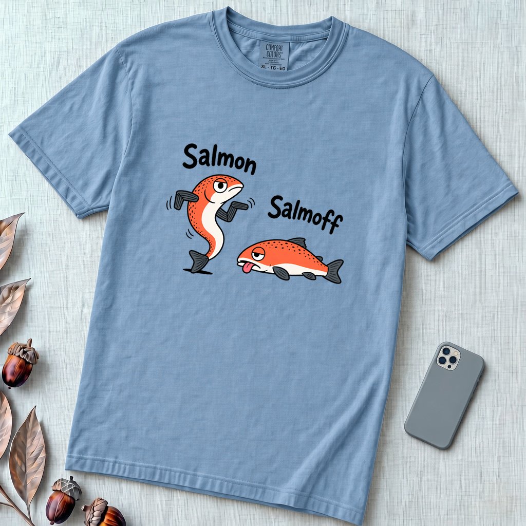 Funny Salmon-Salmoff Pun T-Shirt, Exhausted Fish Humor - Washed Denim unfolded t-shirt mockup